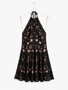Black Lace Halter Fit & Flare Dress with Nude Lining
